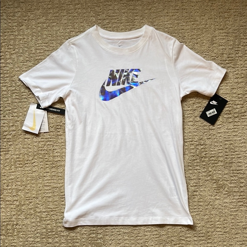 Nike White T-Shirt with Iridescent Logo Kids L